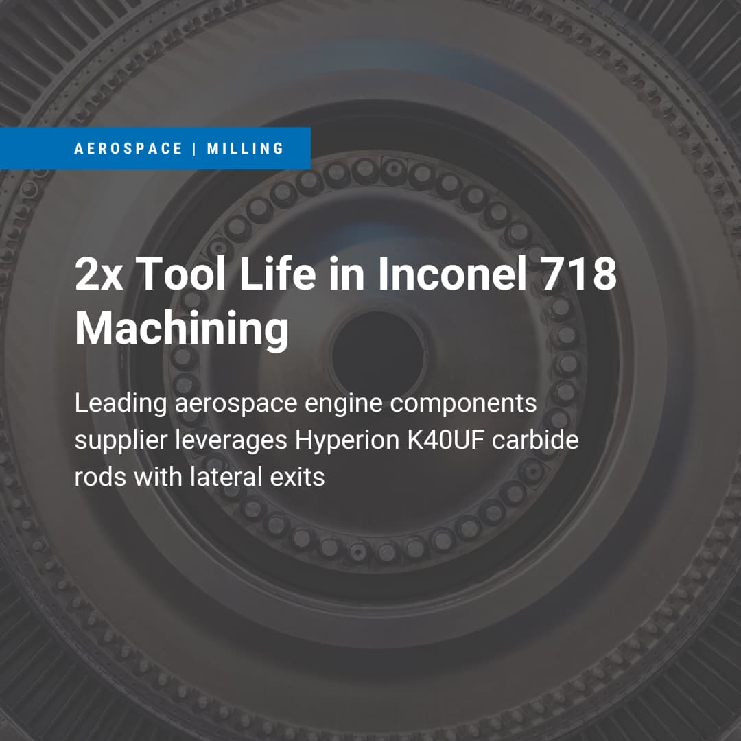 Werbung für das Fräsen in der Luft- und Raumfahrt, das die längere Standzeit bei der Inconel-718-Bearbeitung mit Hyperion K40UF Hartmetallstäben mit seitlichen Austritten hervorhebt.